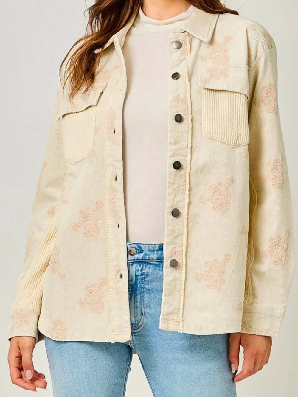 Mystree Embroidered Corduroy Shacket Cream Pink Floral Women's Sz S Cottagecore